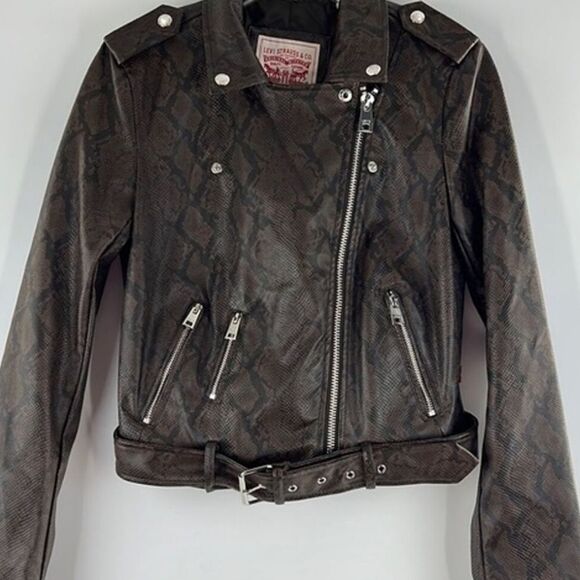 LEVI STRAUSS & CO FAUX LEATHER SNAKE PRINT MOTO BELTED JACKET BROWN/BLK NWOT - Picture 5 of 5